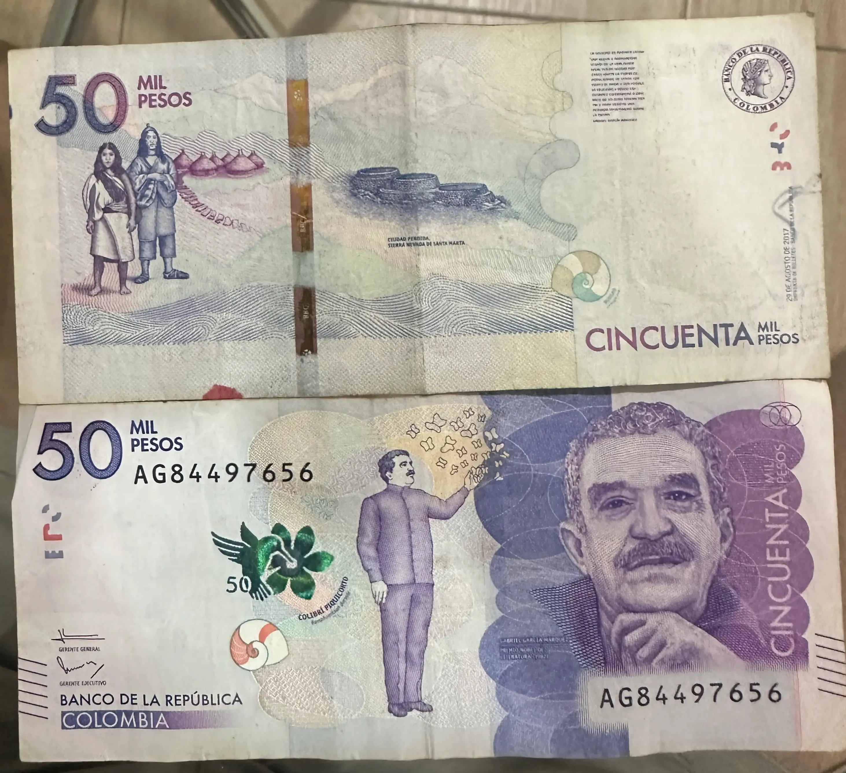 50,000 Colombian peso banknote, in violet, celebrating García Márquez and Tayrona heritage