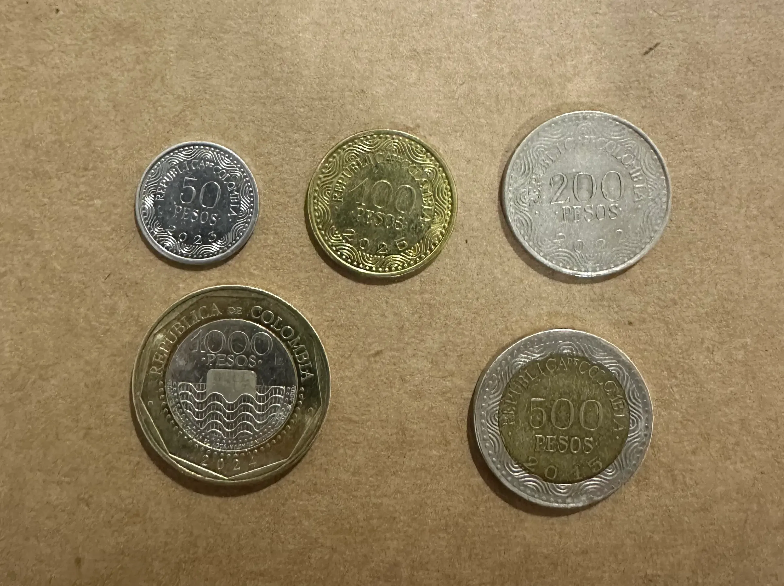 Close-up of Colombian coins, showing their vibrant designs and metallic textures