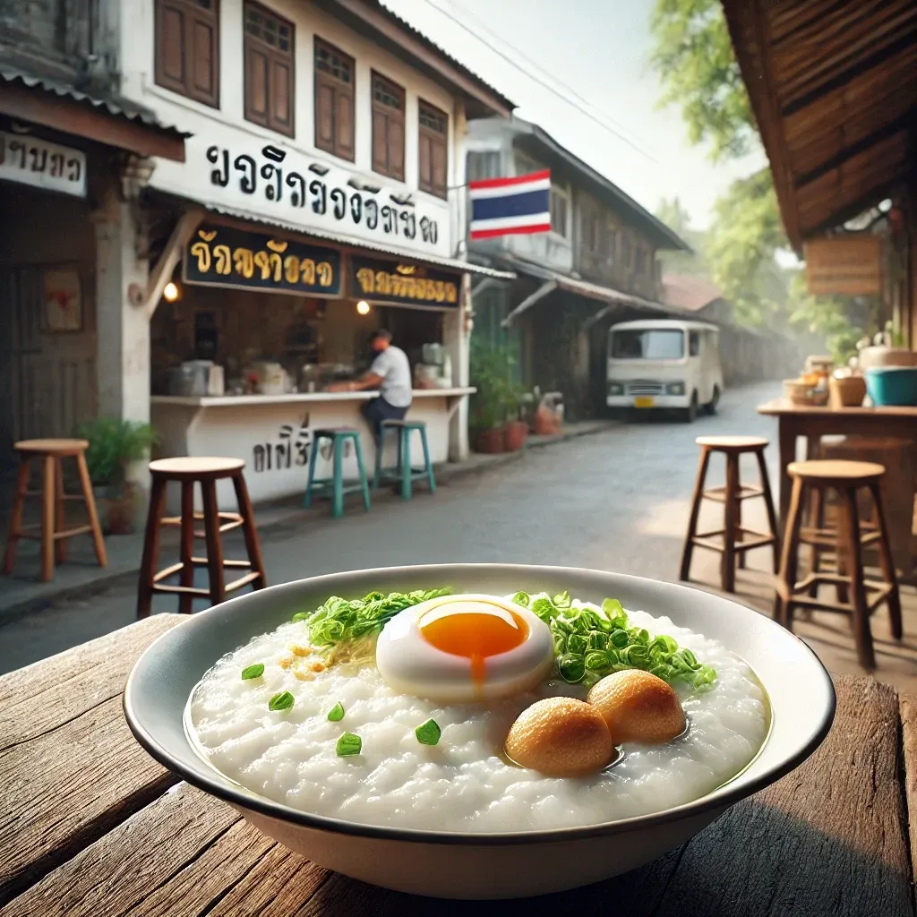 Un bowl de Congee tailandés (Jok) servido con huevo y albondigas de cerdo