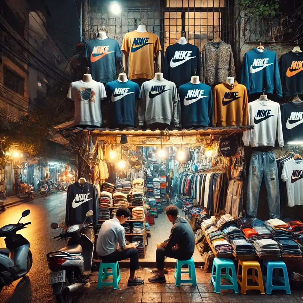 Puesto de ropa en un mercado nocturno vietnamita con ropa deportiva y mochilas
