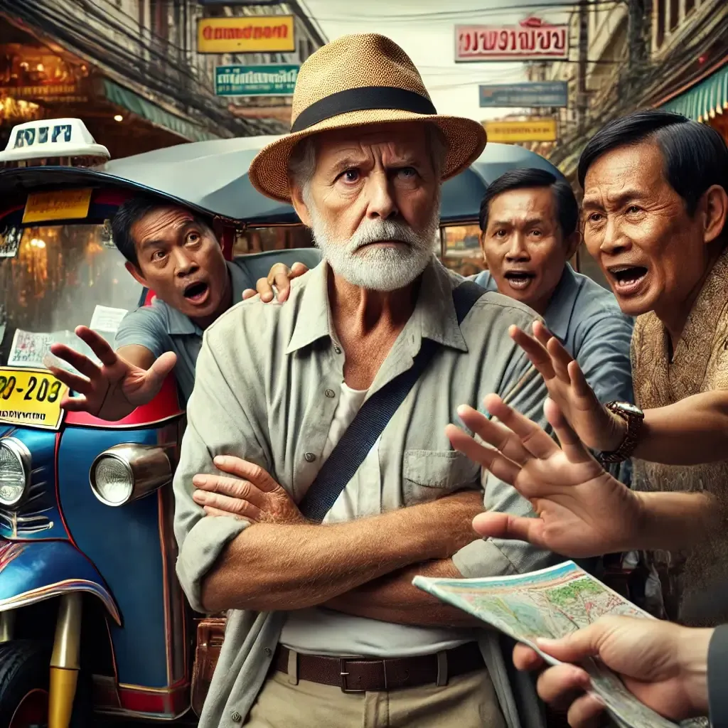 Turista en Phuket rodeado en Tailandia.