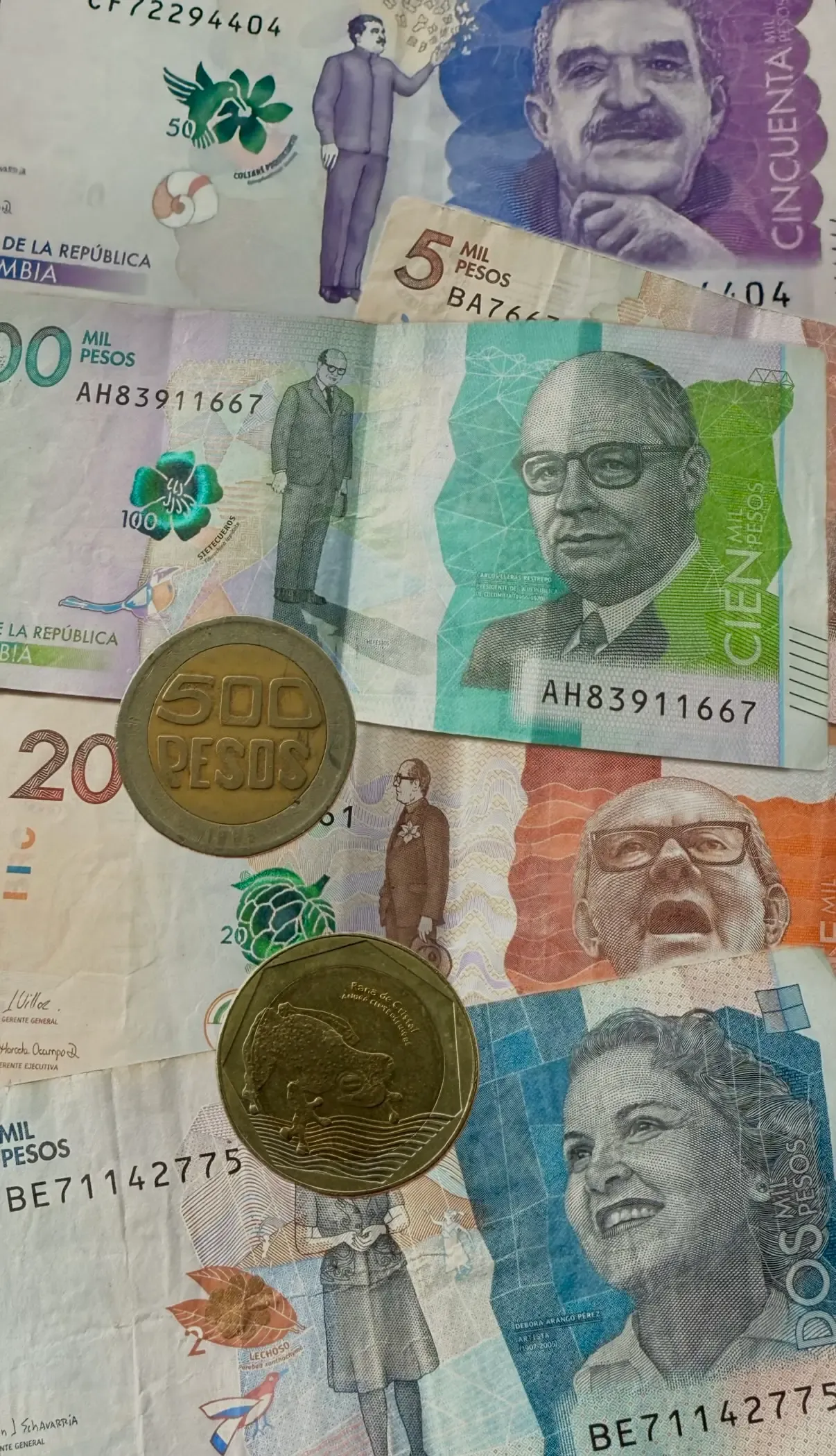 Colombian peso coins and bills