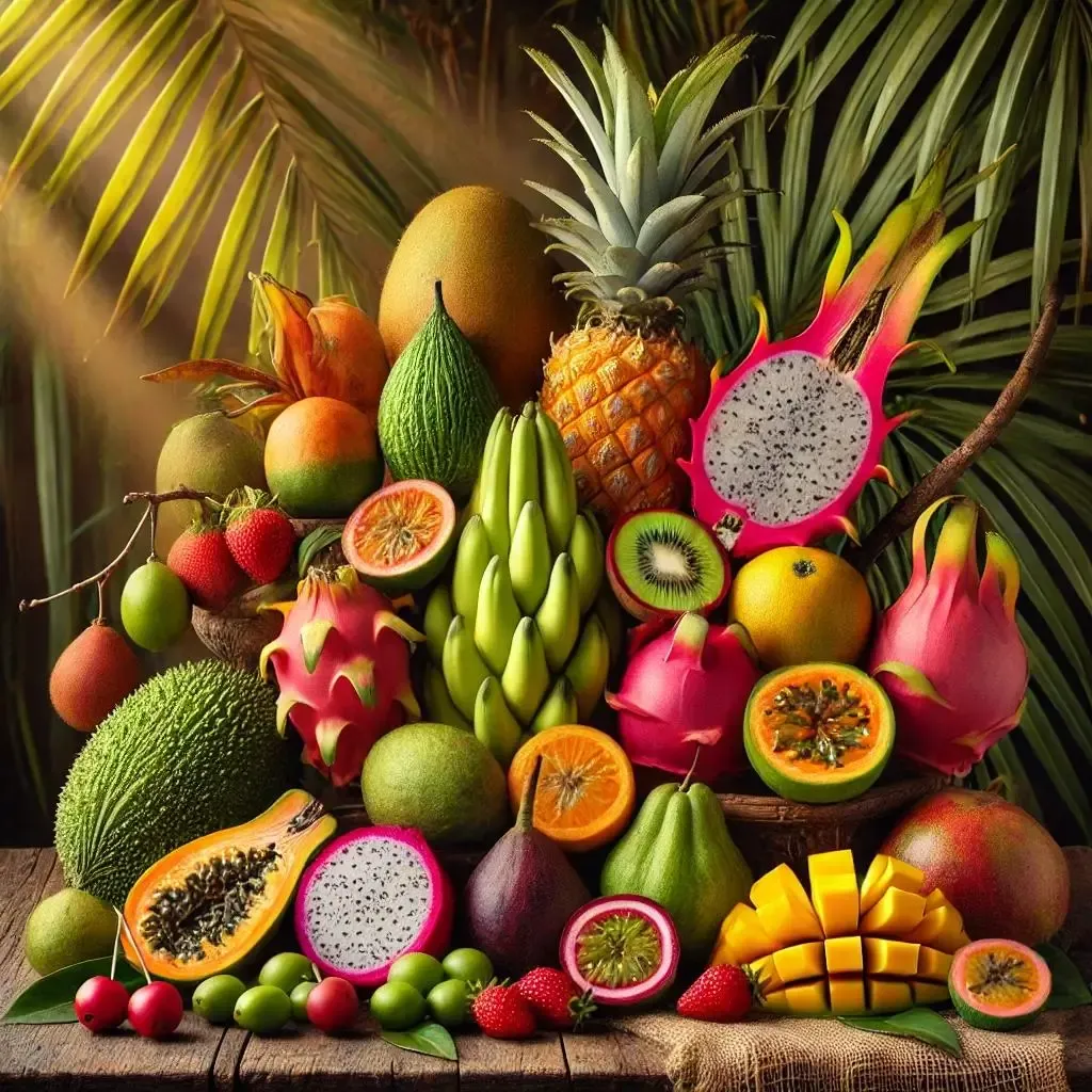 Frutas tropicales coloridas en un mercado colombiano