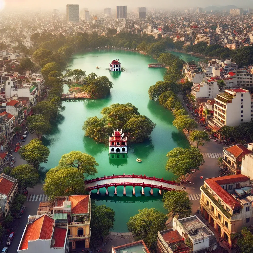 Foto de una Calle vibrante de Hanoi con luces y locales al atardecer