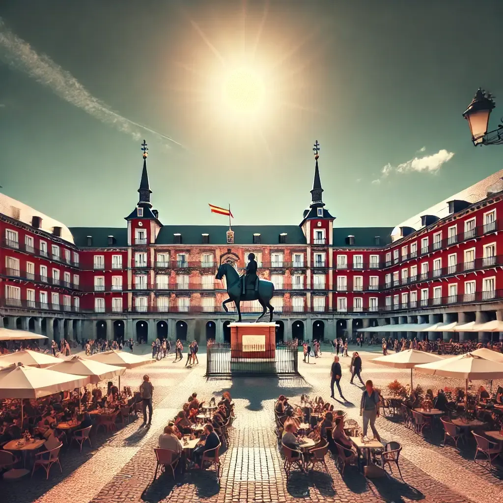 Terraza animada en Madrid con personas disfrutando de tapas bajo el sol