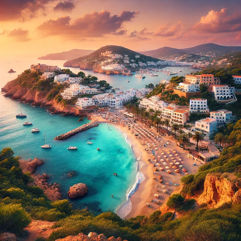 Vista panorámica de una playa de Ibiza al atardecer con aguas cristalinas y rocas