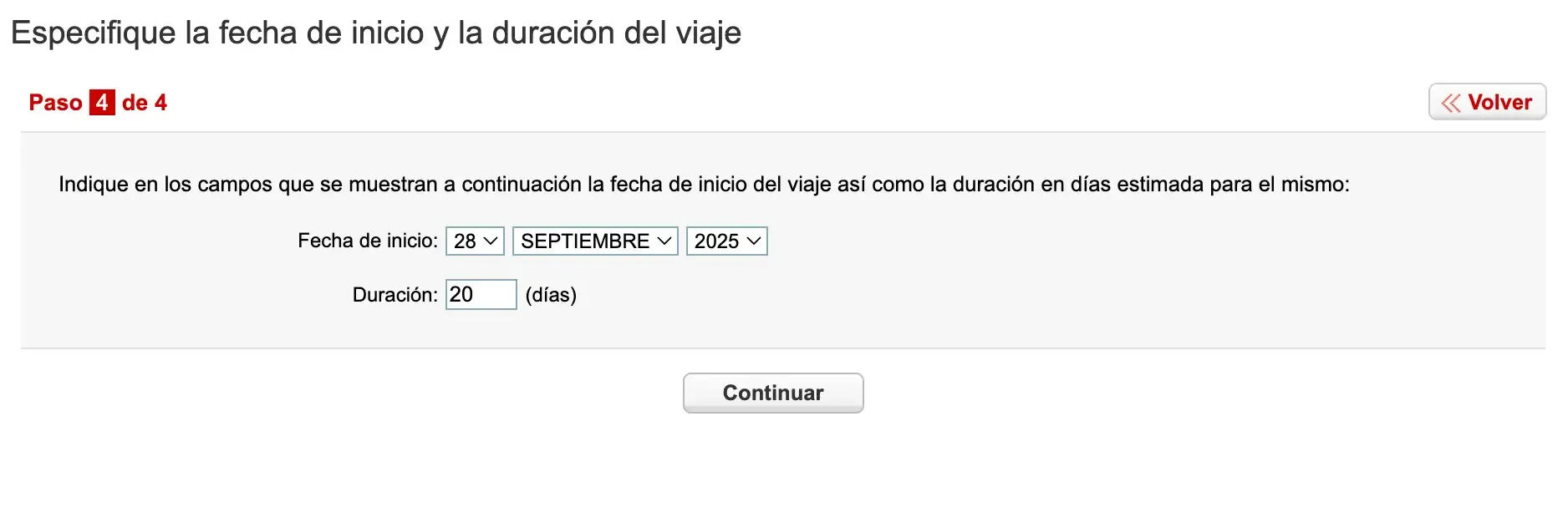 Form to select trip start date and duration