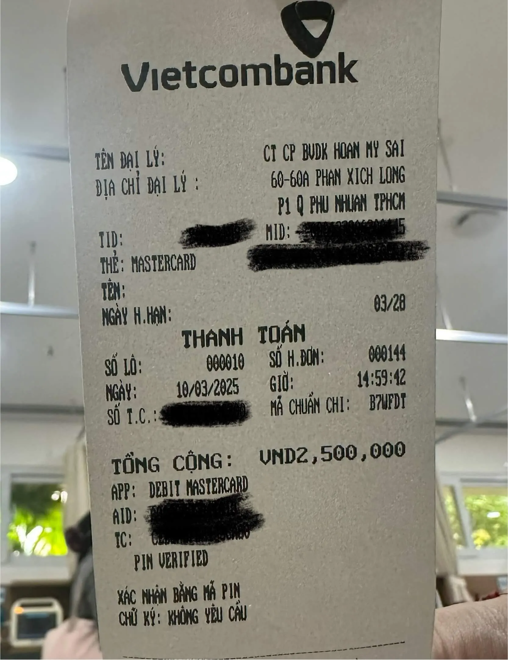 Recibo del deposito pagado en el Hoan My Saigon Hospital