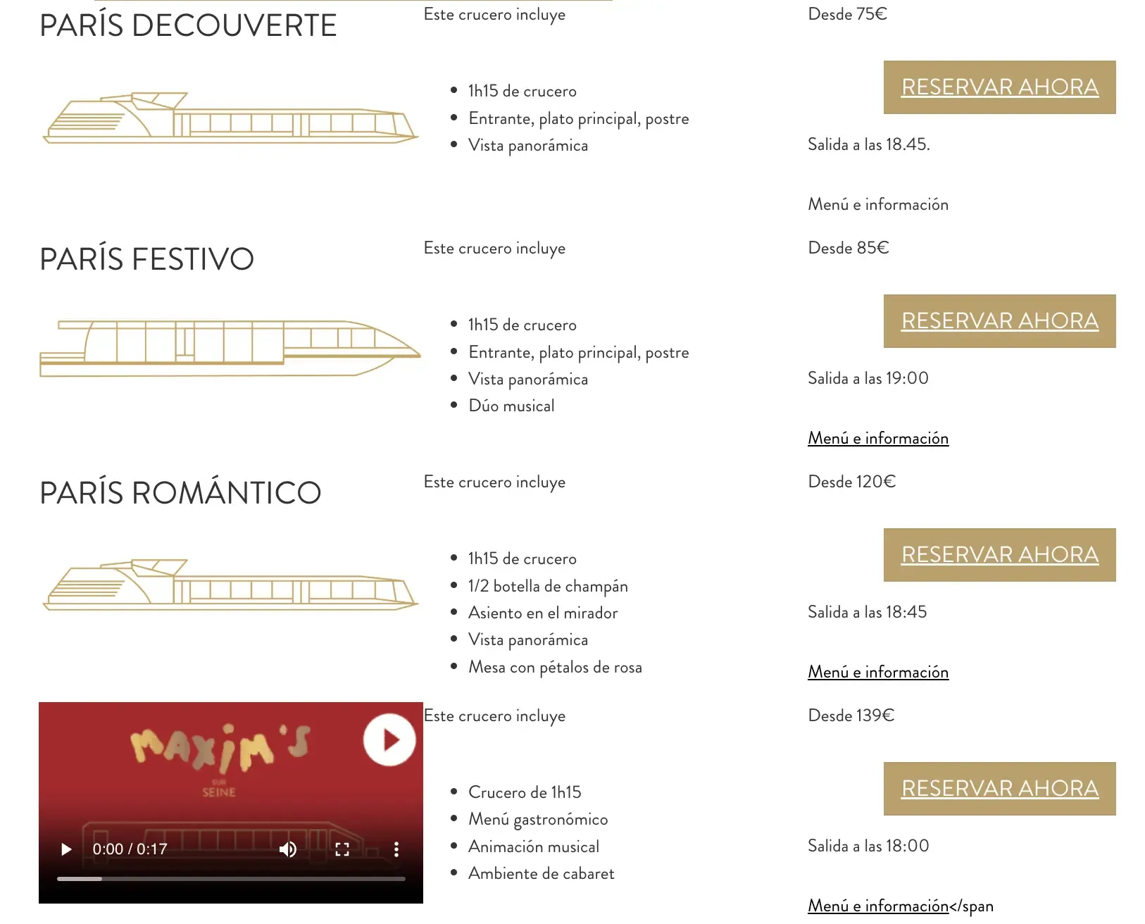 Precios de una cena en el rio Sena en París