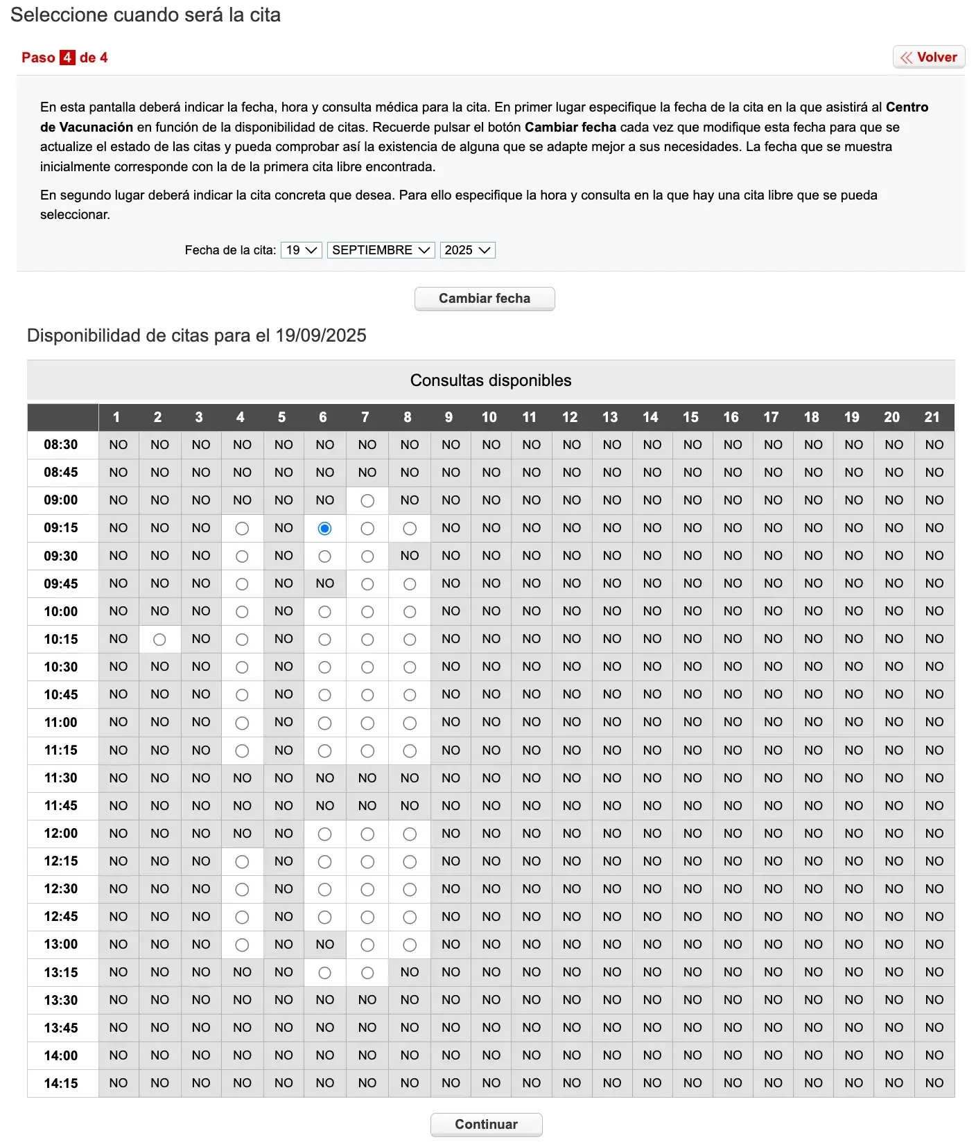 Screen to select date and time of international vaccination appointment
